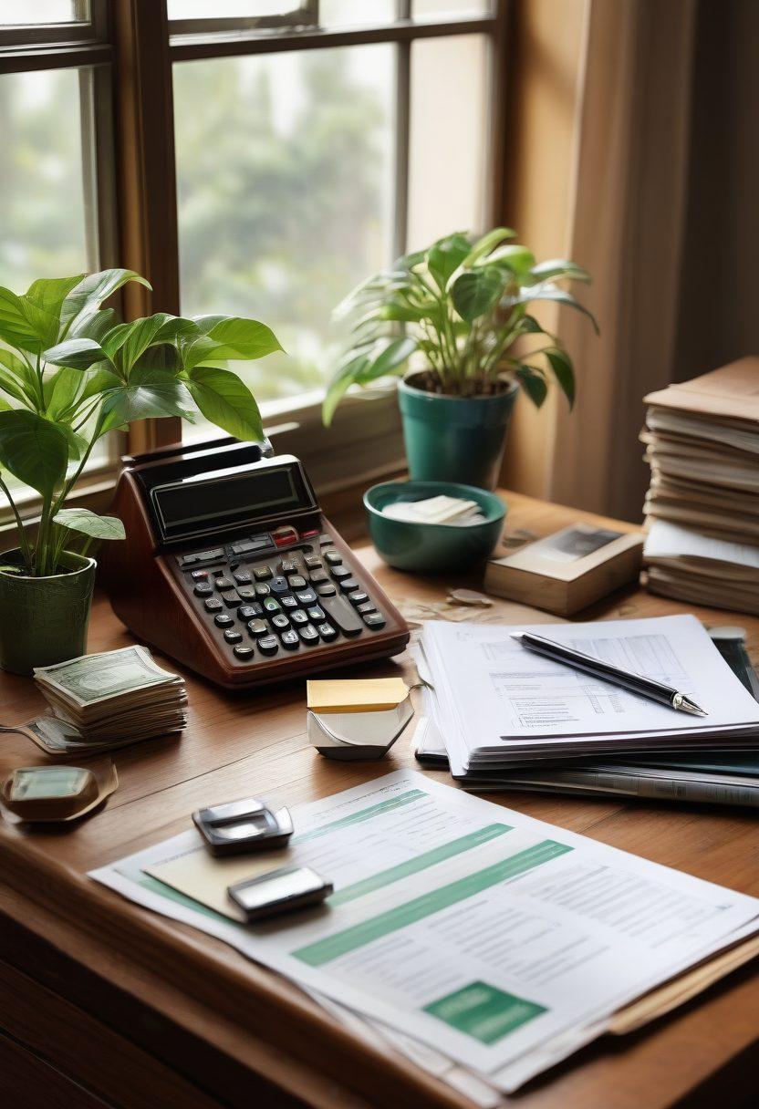 A visually striking composition of a balanced budget and insurance policy documents on a stylish wooden desk, surrounded by a vintage calculator, a plant, and a coffee cup. In the background, soft light filters in through a window, casting a warm glow over the scene, symbolizing financial clarity and security. Include faint icons of money, graphs, and protection shields in the background to represent key themes. vivid colors. super-realistic.