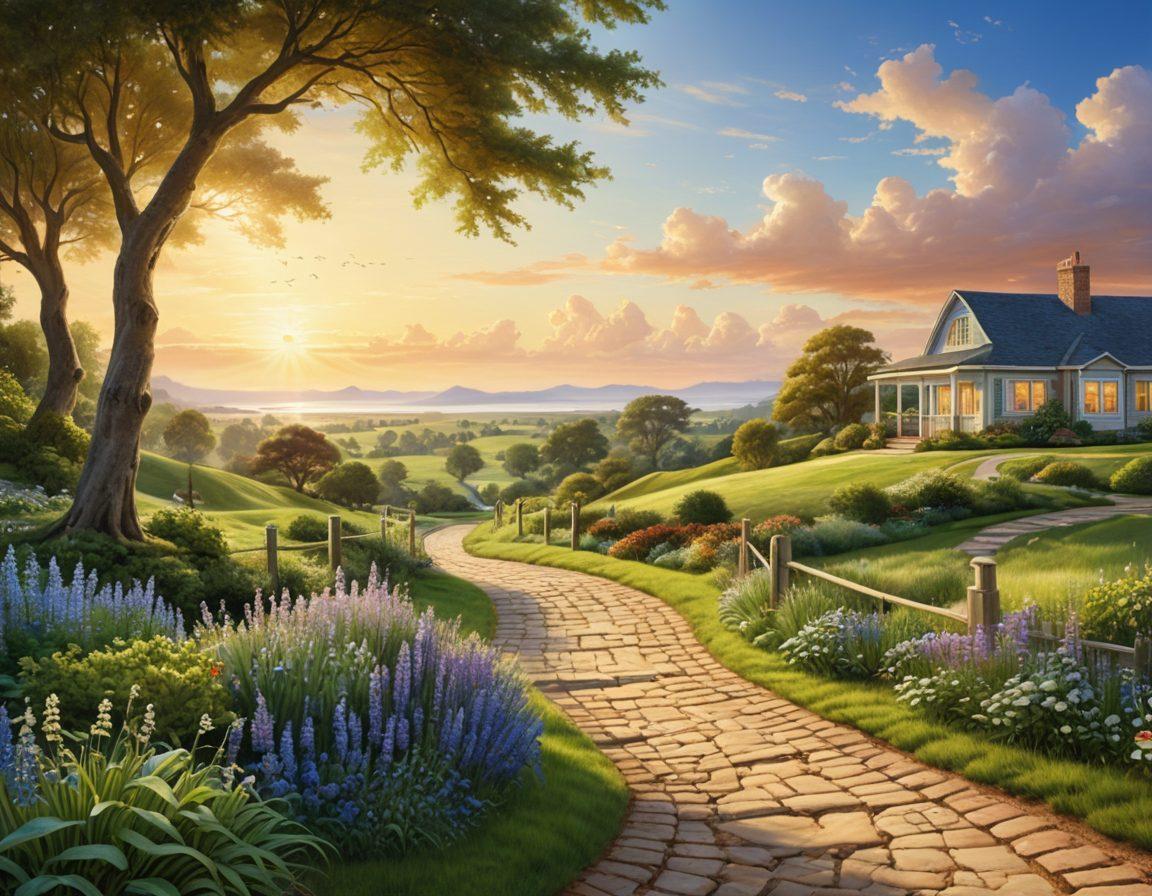 A serene landscape showcasing a winding path leading towards a bright horizon, symbolizing financial independence and security. On the path, signs represent various affordable insurance options, such as health, auto, and home, crafted with friendly visuals. In the background, a family happily engages in activities, representing peace of mind. The scene is vibrant with colors of blue and green, evoking trust and stability. super-realistic. vibrant colors.