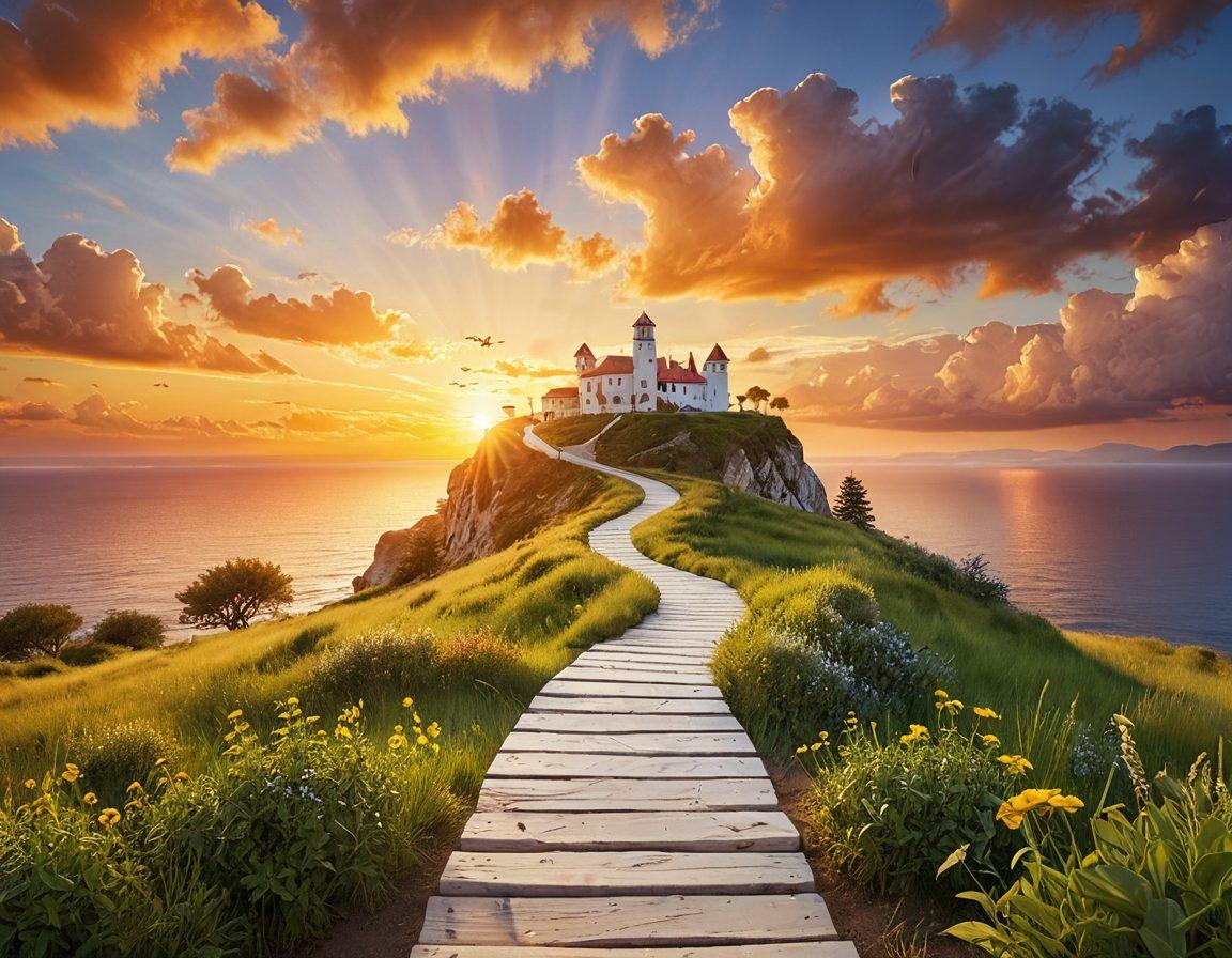 A symbolic journey representing the transition from debt to financial security, featuring a winding path lined with floating icons of insurance services like life insurance, health insurance, and home insurance, leading towards a bright, secure fortress. The background shows a sunset with warm colors symbolizing hope and stability. super-realistic. vibrant colors. soft focus.